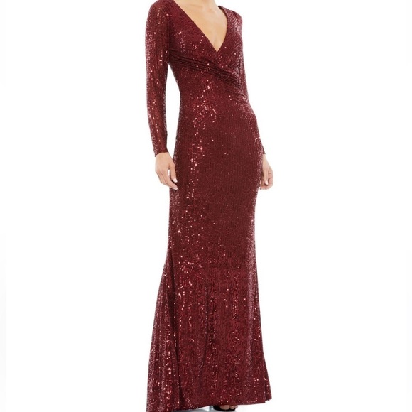 Ieena for Mac Duggal 26574 Long Sleeve Sequin Dress burgundy red maxi dress new - Picture 1 of 7